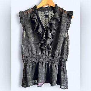 Thx Collection Womens Black Mesh Polka Dot Ruffle Collar Office Blouse Large